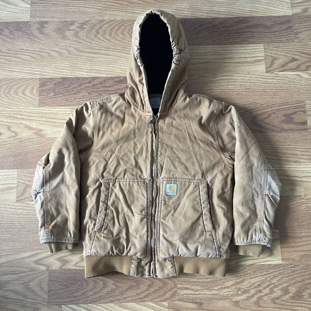 Carhartt Brown Duck Canvas Hooded Work Jacket Youth M 10-12 19”x22” womens S